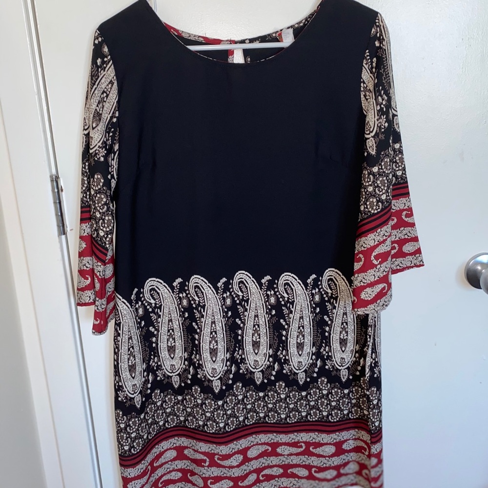 Red, Tan, White, And Black Patterned Dress